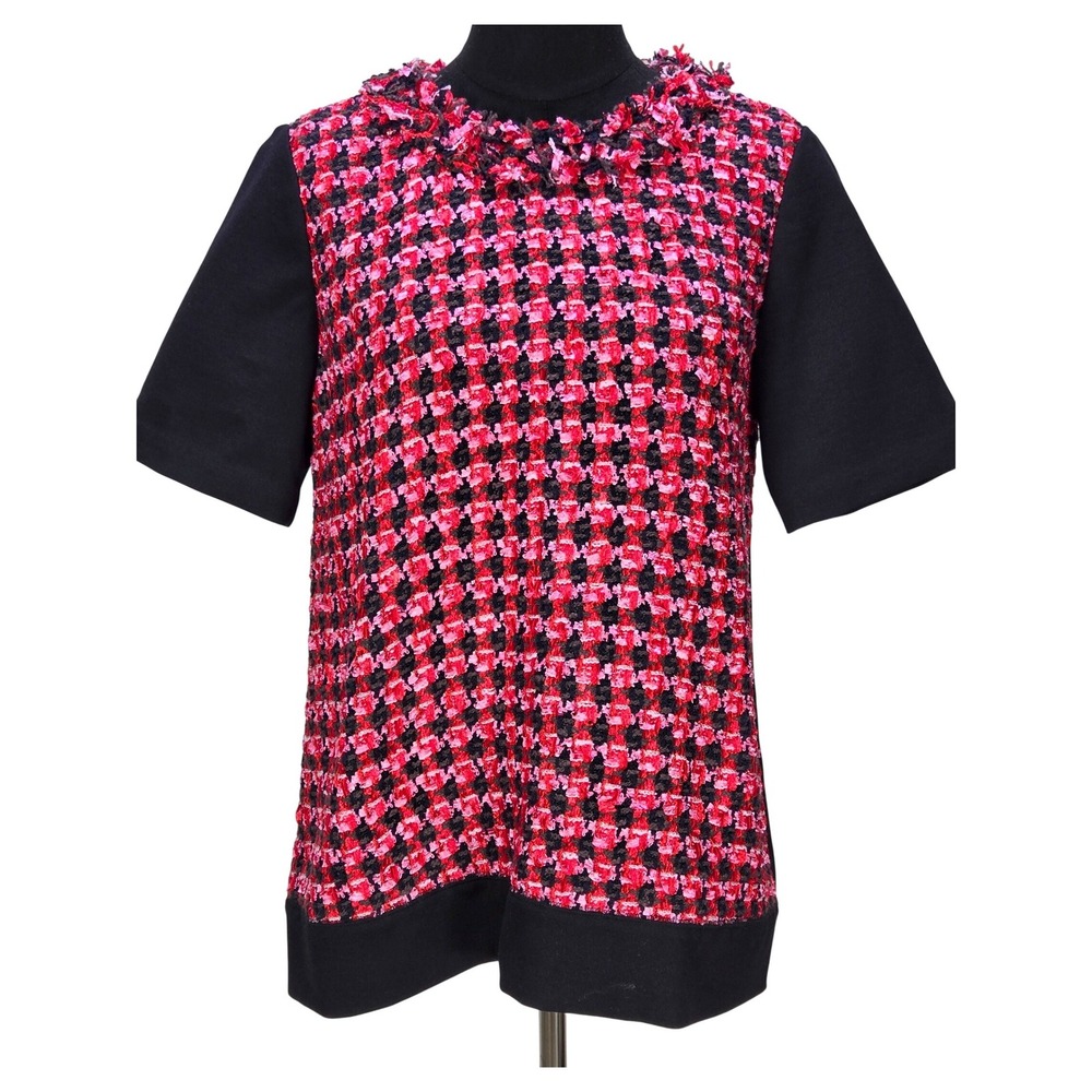 Women's Kate Spade Size 6 Pink Red Bouclé Tweed Front Short Sleeve Top Parisian